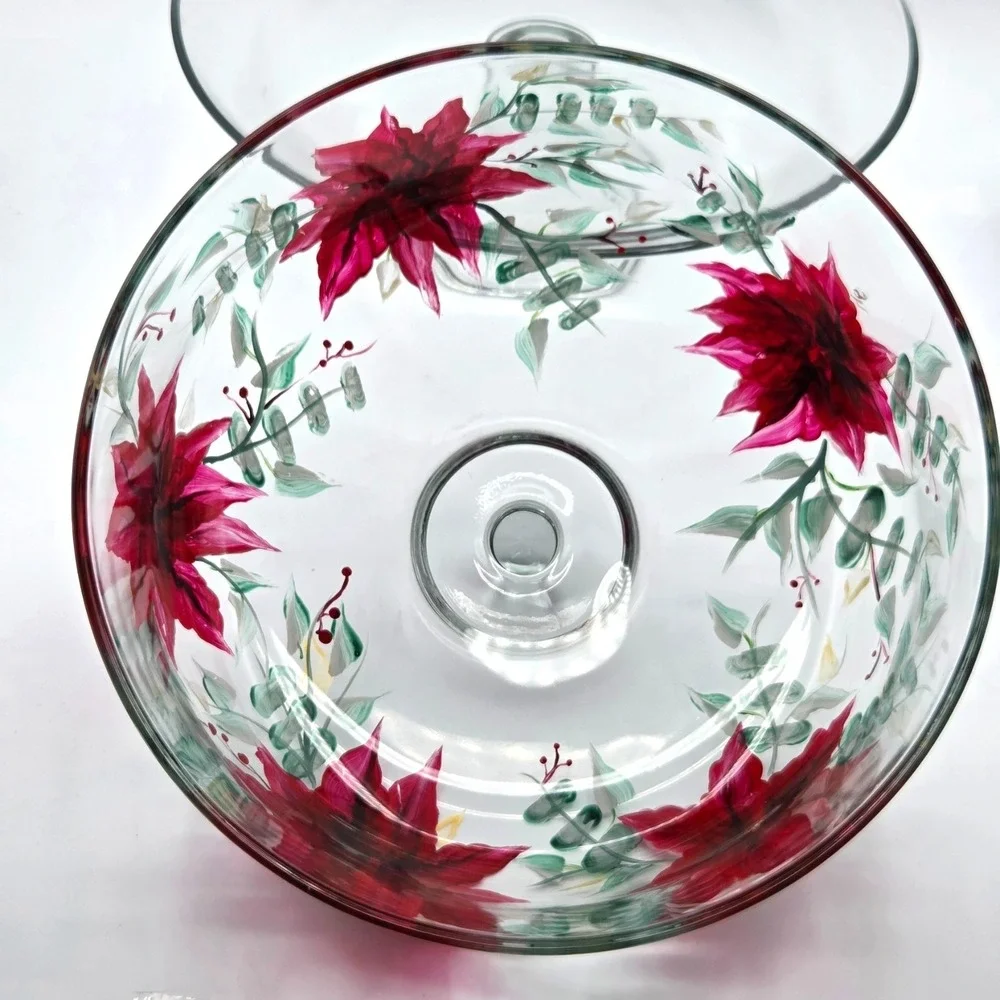 Pedestal Cake Stand with Hand Painted Poinsettias on Domed Lid  One of a Kind‎